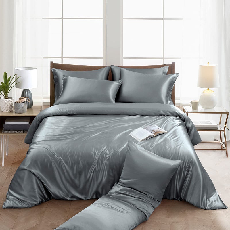 Ersmak 6 Pieces Satin Duvet Cover Full/Queen Size Luxury Silky Bedding Duvet Cover Set with 1 Soft Duvet Cover  4 Queen Pillowcases and 1 Body Pillowcase  Grey - Image 2